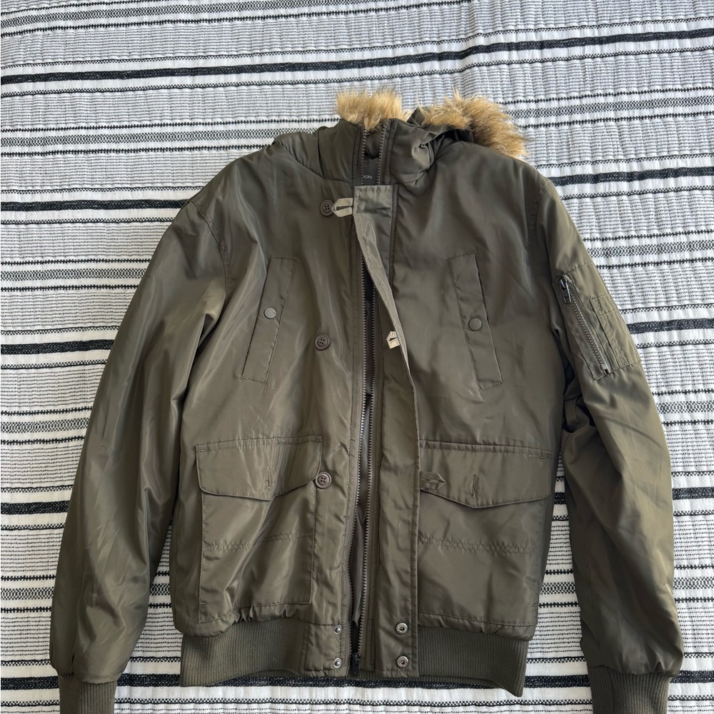 Olive Green Bomber Jacket with Fur Hood